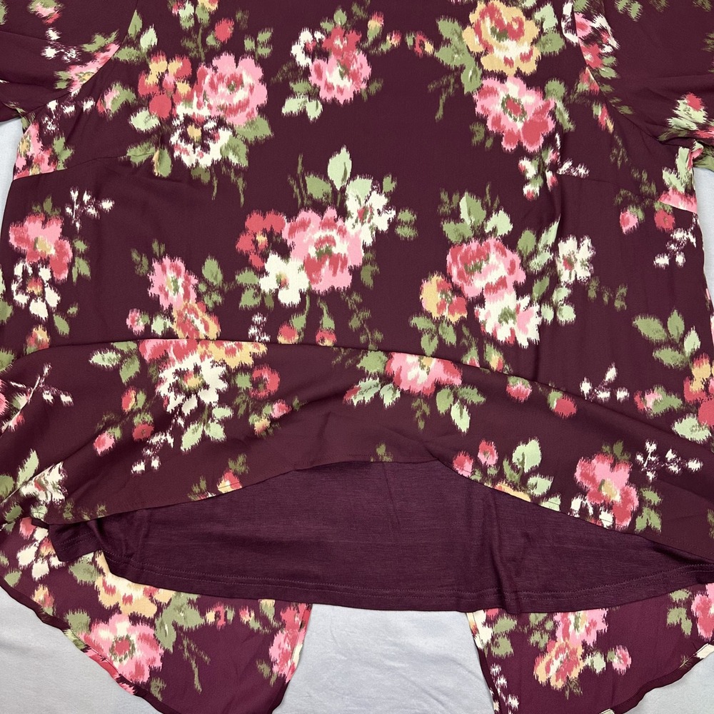 Women Tulip Back Top 2X Burgundy Pink Floral Print 3/4 Sleeve Tunic Dark Cottage - Picture 9 of 13